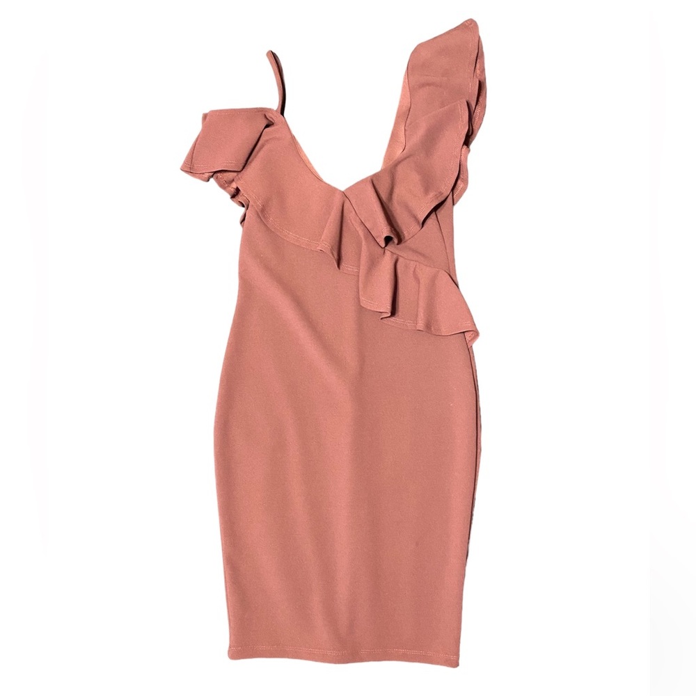 Privy tiered, ruffle neck, slim fit dress in dark Mauve